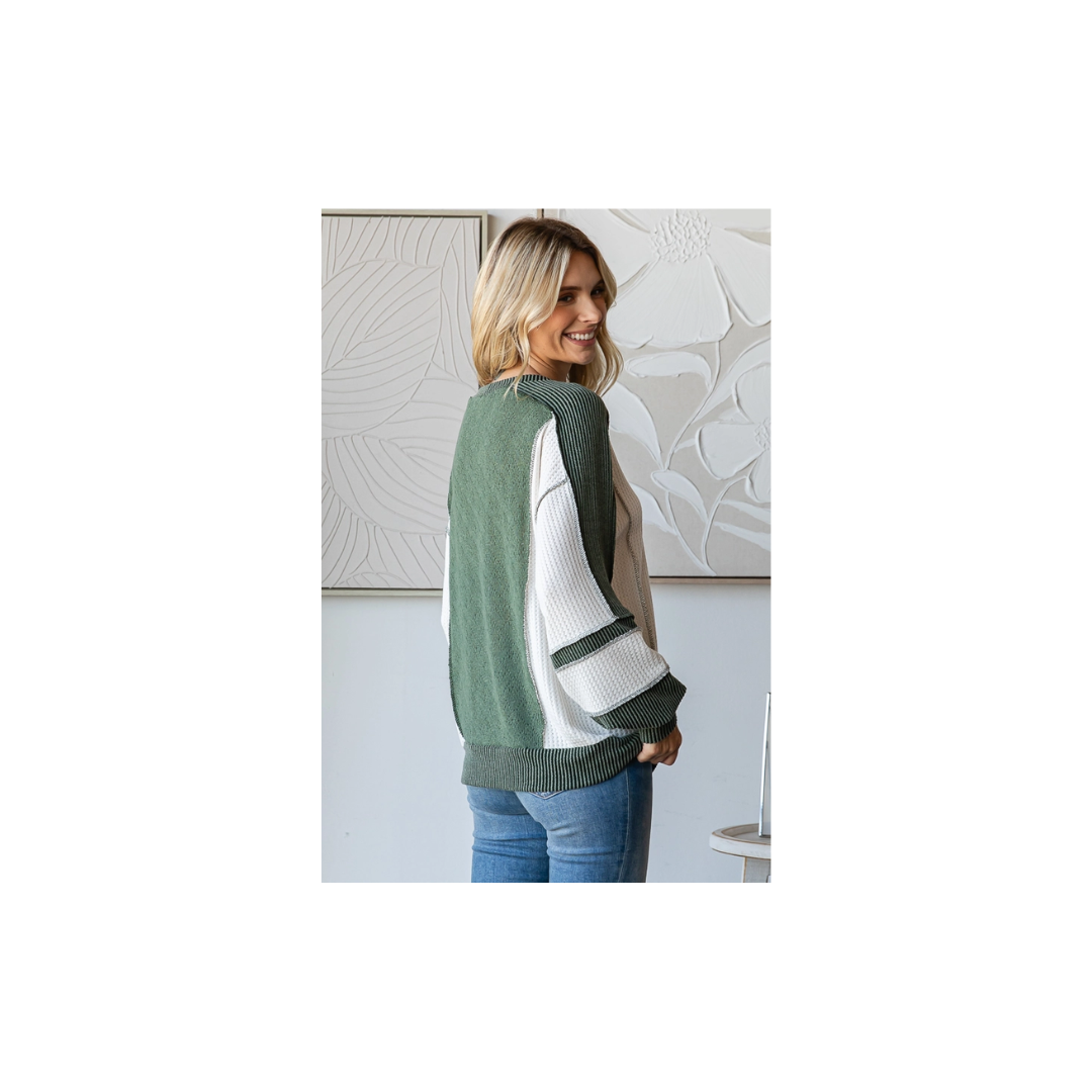 Waffle Knit Rib Contrast Banded Hem Pullover Top