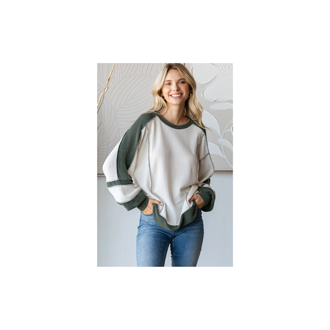 Waffle Knit Rib Contrast Banded Hem Pullover Top