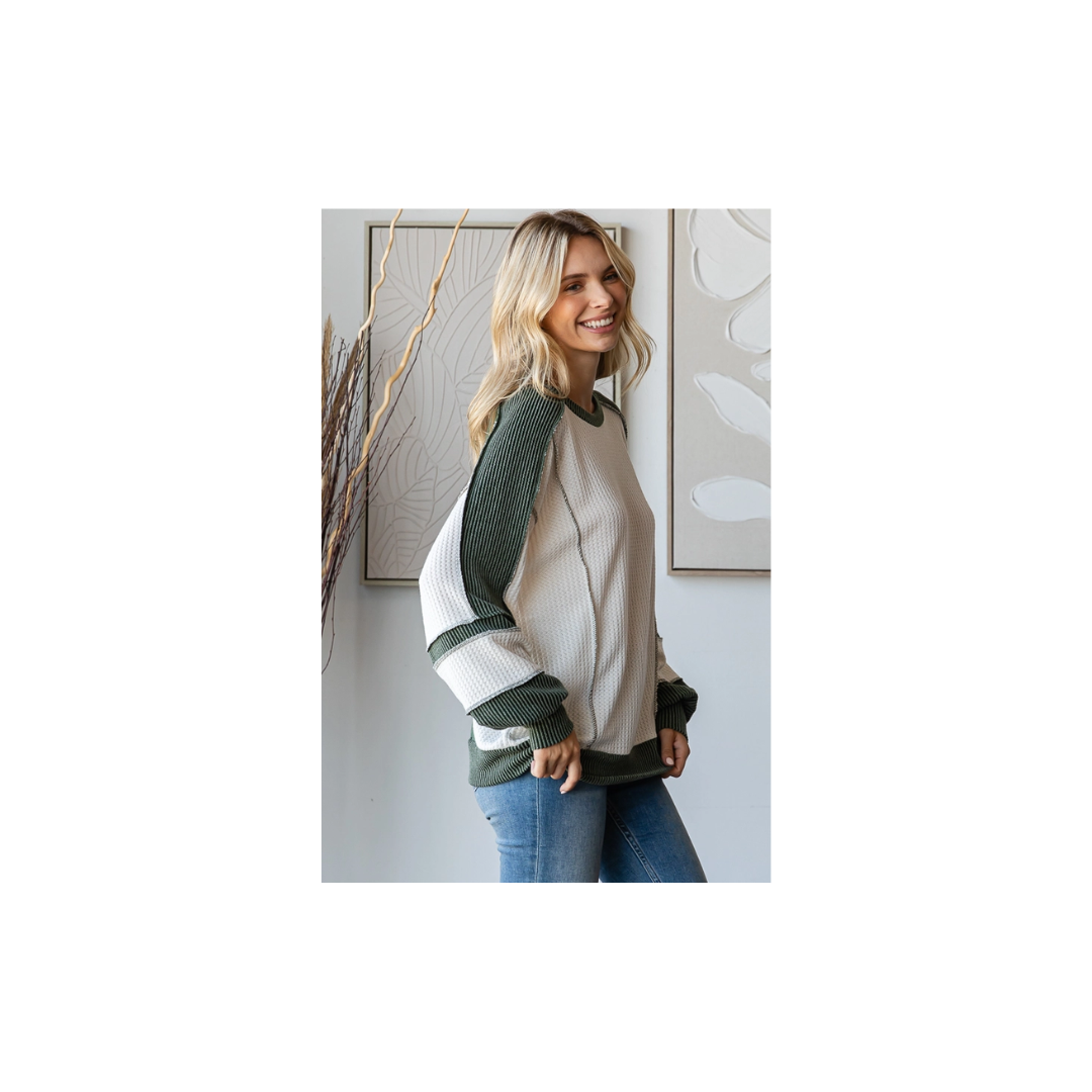 Waffle Knit Rib Contrast Banded Hem Pullover Top