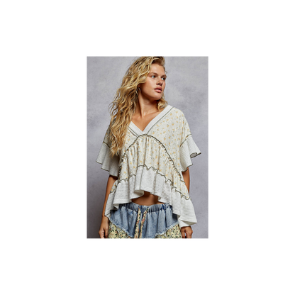 POL Ivory & Printed Ruffle Top
