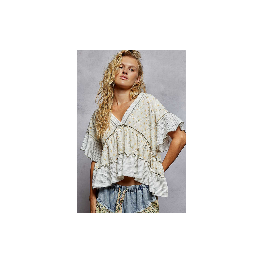 POL Ivory & Printed Ruffle Top