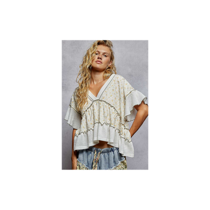 POL Ivory & Printed Ruffle Top