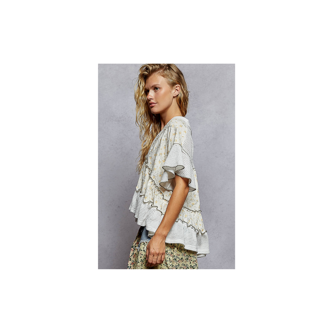 POL Ivory & Printed Ruffle Top