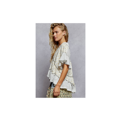 POL Ivory & Printed Ruffle Top