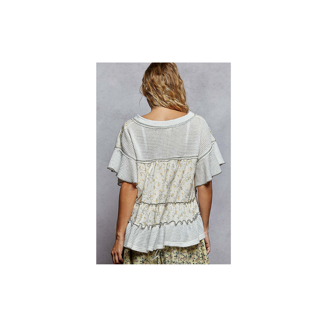 POL Ivory & Printed Ruffle Top