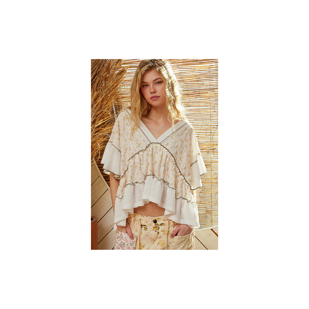 POL Ivory & Printed Ruffle Top