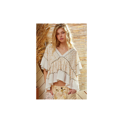 POL Ivory & Printed Ruffle Top