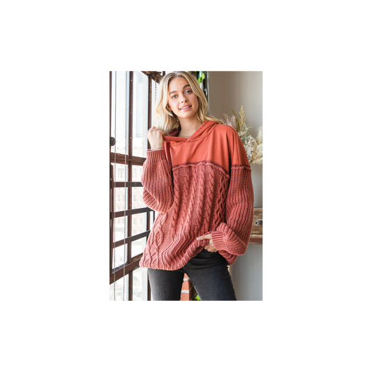 Oli & Hali WASHED CONTRAST YOKE HOODED PULLOVER SWEATER TOP