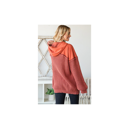 Oli & Hali WASHED CONTRAST YOKE HOODED PULLOVER SWEATER TOP