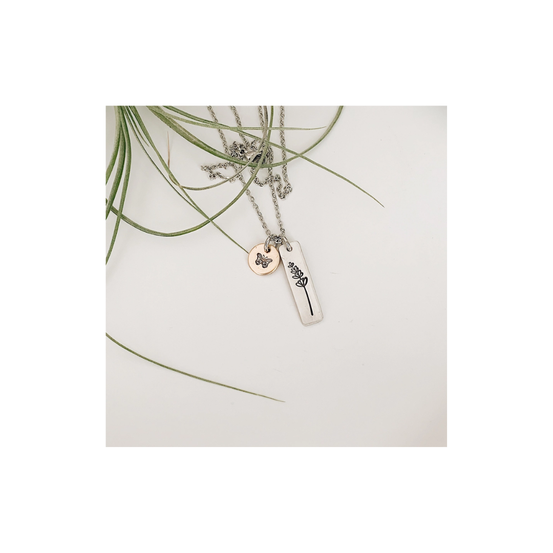 Lavendar Butterfly Hand Stamped Neclace
