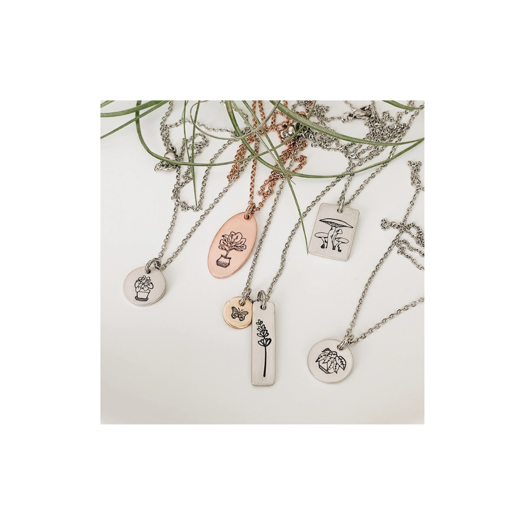 Lavendar Butterfly Hand Stamped Neclace