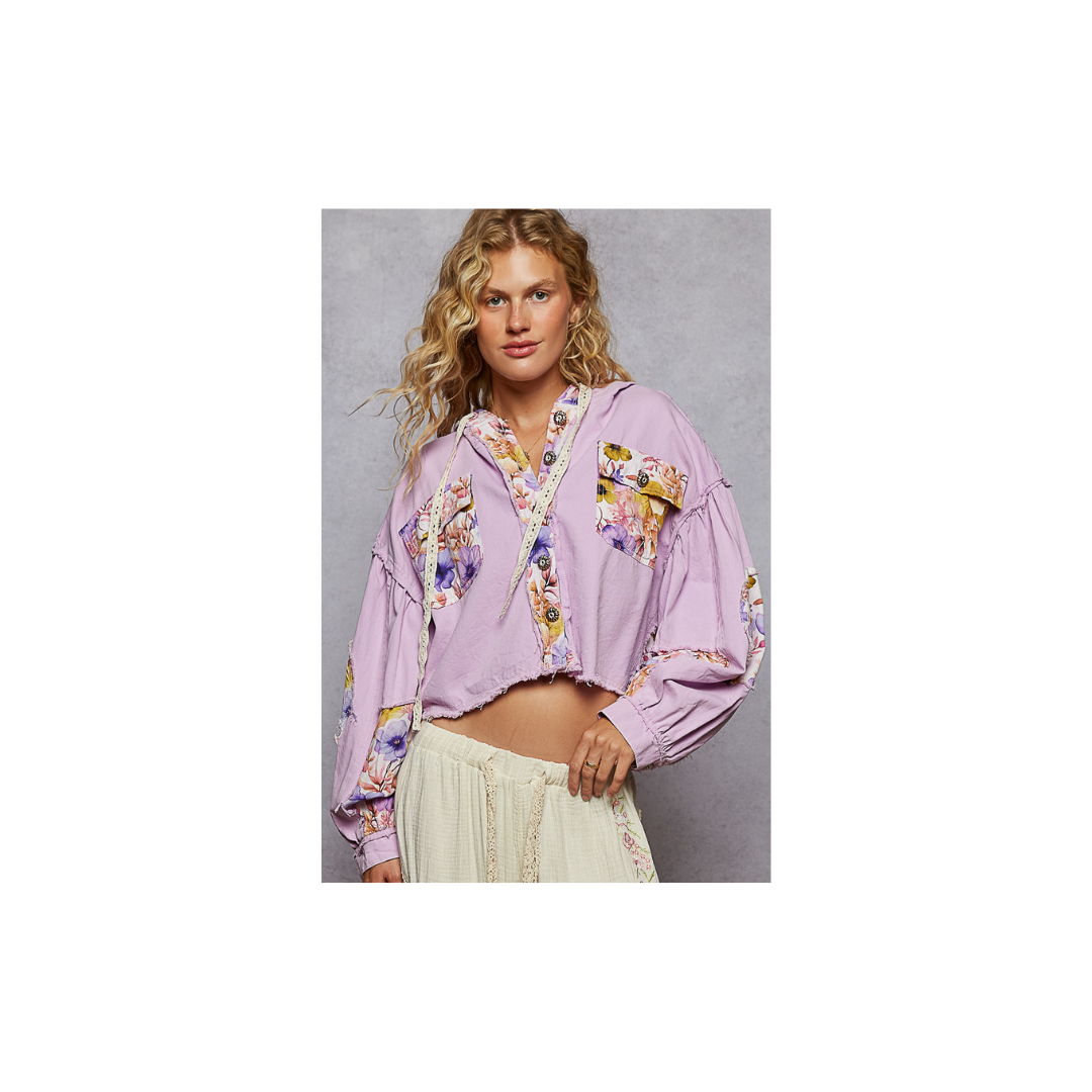 POL Balloon Sleeve Twill Woven Cropped Jacket Top