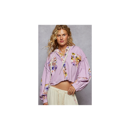 POL Balloon Sleeve Twill Woven Cropped Jacket Top