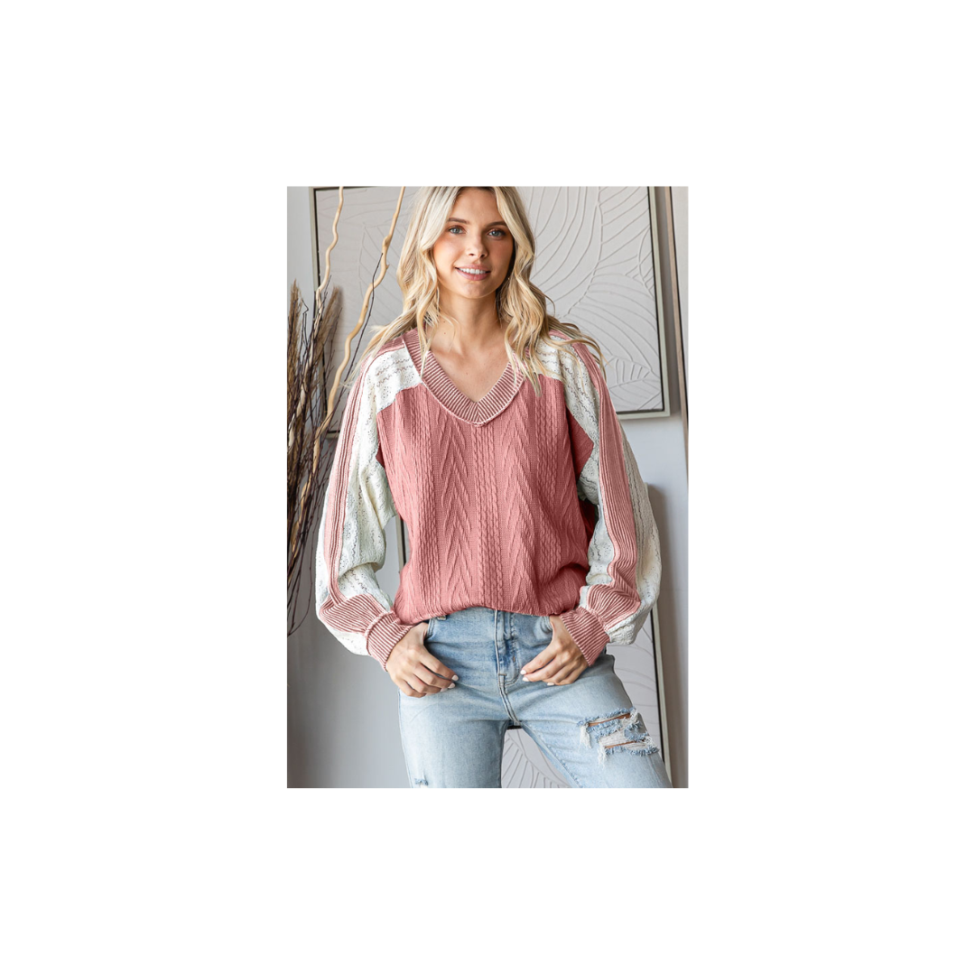 Cable Knit Color Block V Neck Long Sleeve Top