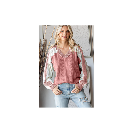 Cable Knit Color Block V Neck Long Sleeve Top