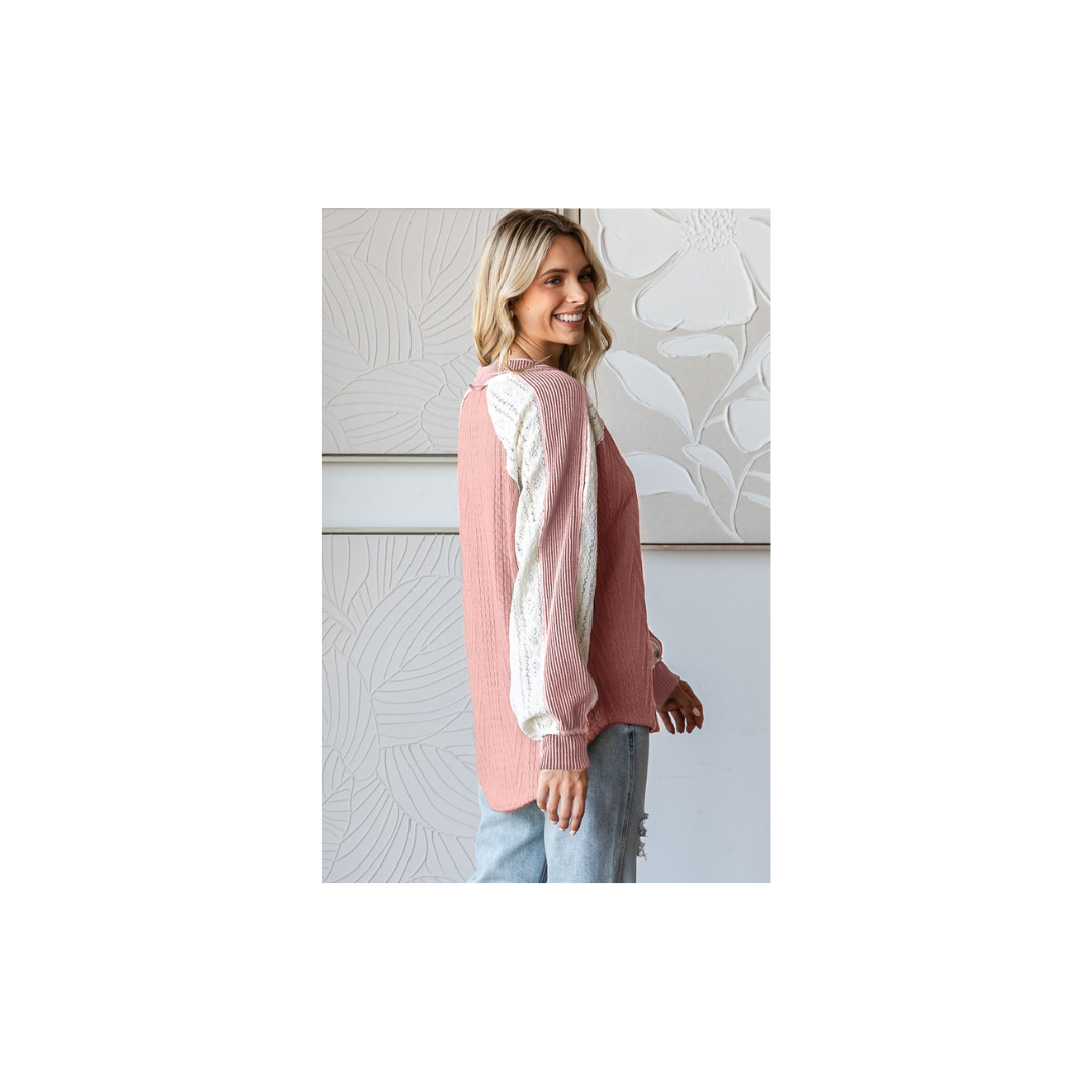 Cable Knit Color Block V Neck Long Sleeve Top