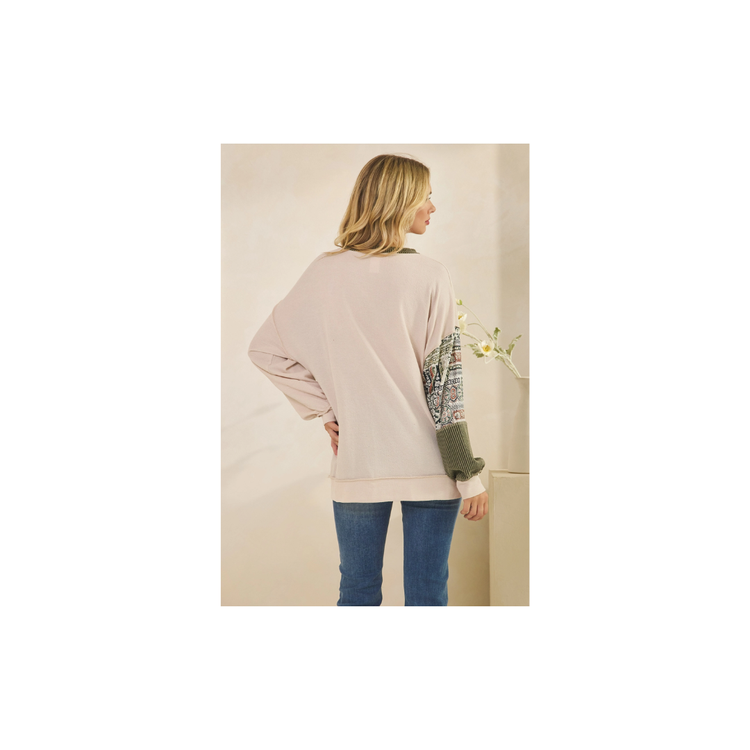 Patchwork Knit Long Sleeve Pullover Top