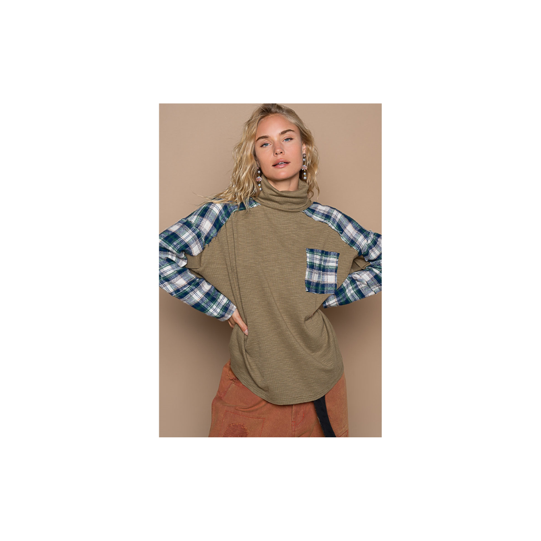 POL Turtle Neck Long Sleeve Plaid Contrast Solid Top
