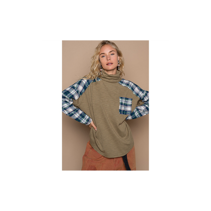 POL Turtle Neck Long Sleeve Plaid Contrast Solid Top