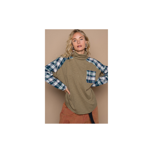 POL Turtle Neck Long Sleeve Plaid Contrast Solid Top