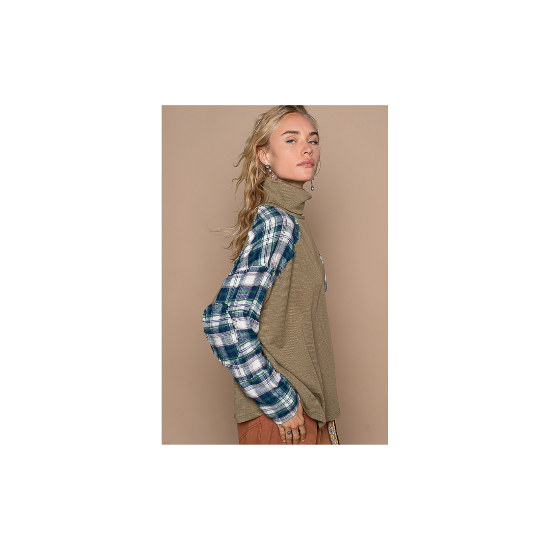 POL Turtle Neck Long Sleeve Plaid Contrast Solid Top