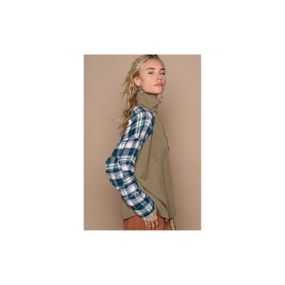 POL Turtle Neck Long Sleeve Plaid Contrast Solid Top