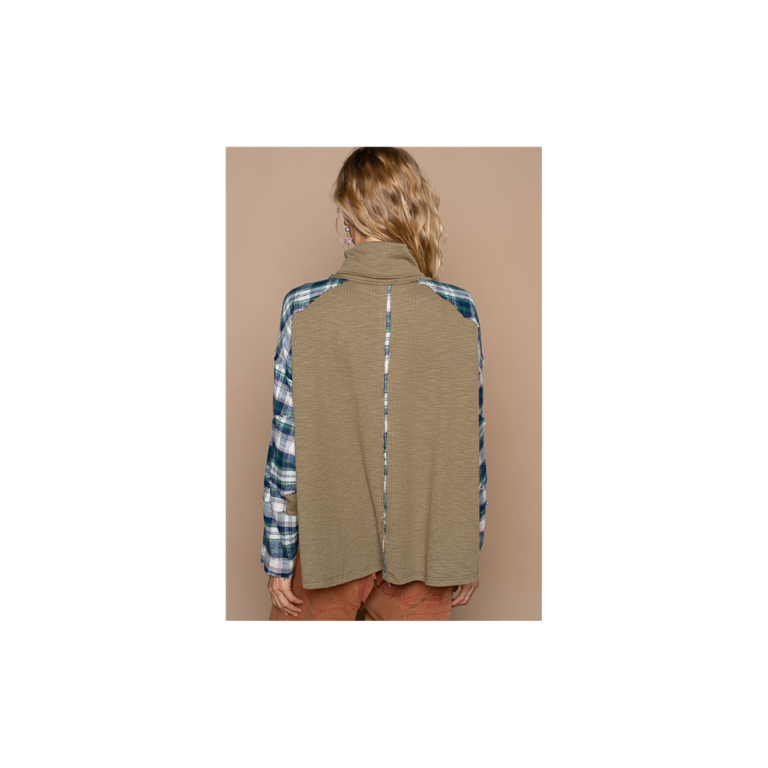 POL Turtle Neck Long Sleeve Plaid Contrast Solid Top