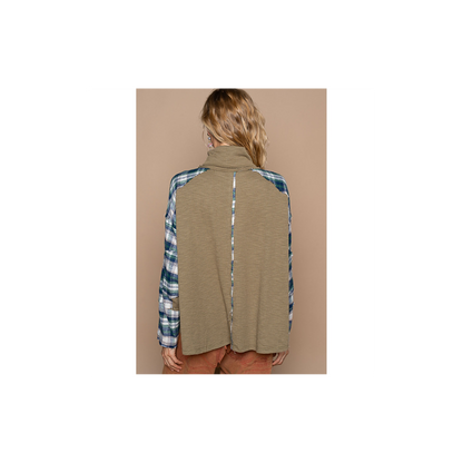 POL Turtle Neck Long Sleeve Plaid Contrast Solid Top