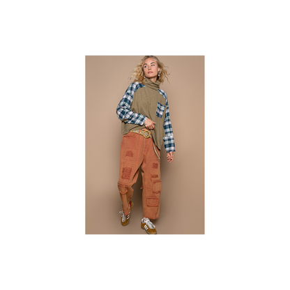 POL Turtle Neck Long Sleeve Plaid Contrast Solid Top