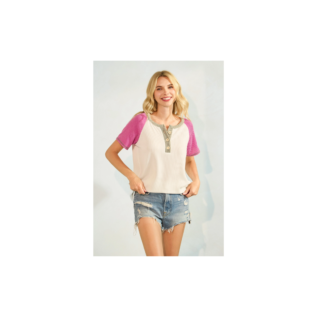 Color Block Button Front Raglan Short Sleeve Top