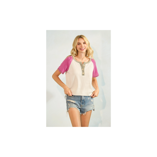 Color Block Button Front Raglan Short Sleeve Top