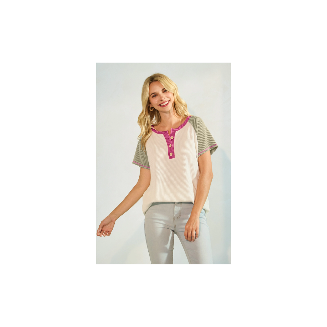 Color Block Button Front Raglan Short Sleeve Top