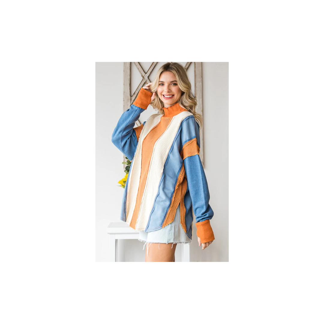 Oli & Hali WASHED COLORBLOCK FUNNEL NECK PULLOVER TOP