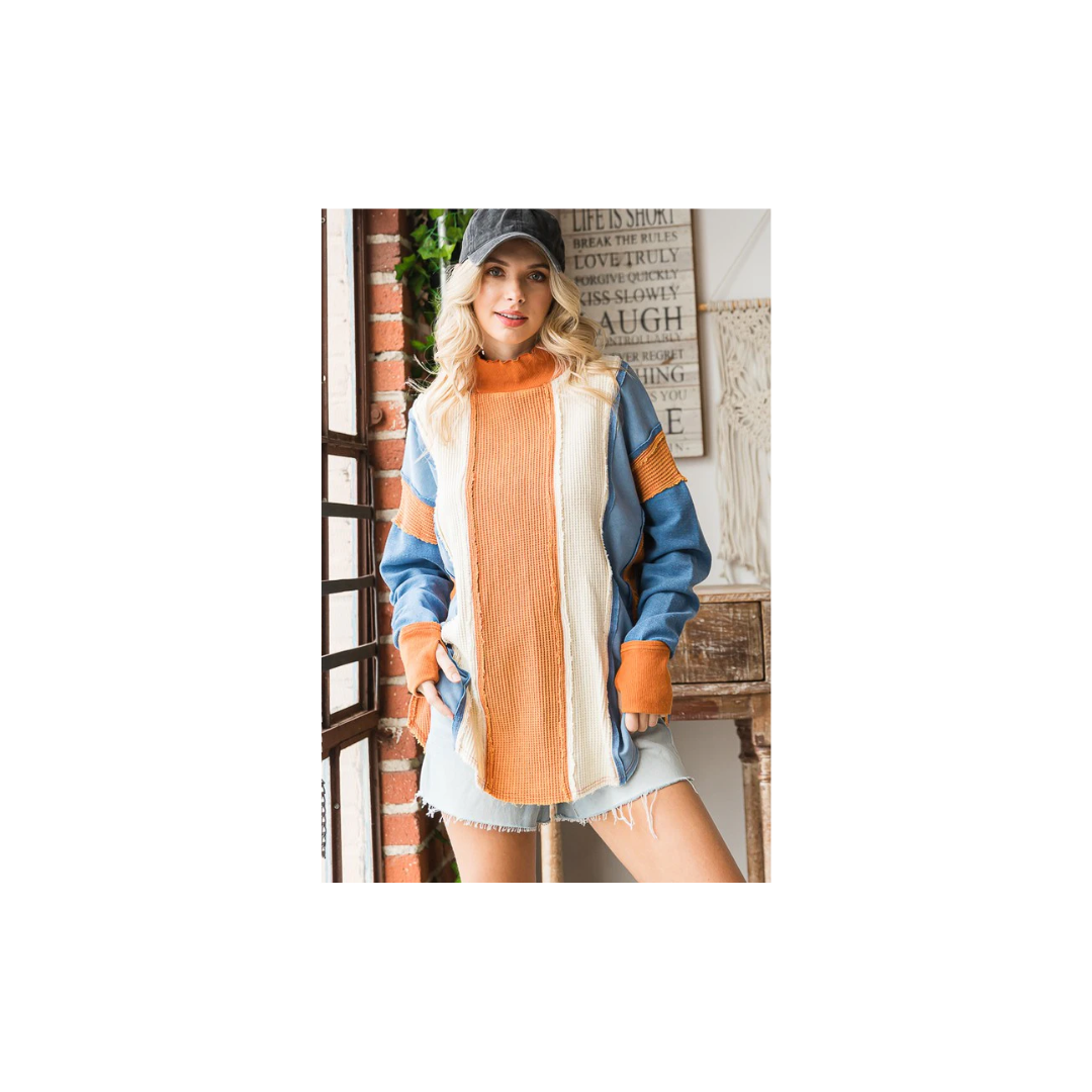 Oli & Hali WASHED COLORBLOCK FUNNEL NECK PULLOVER TOP
