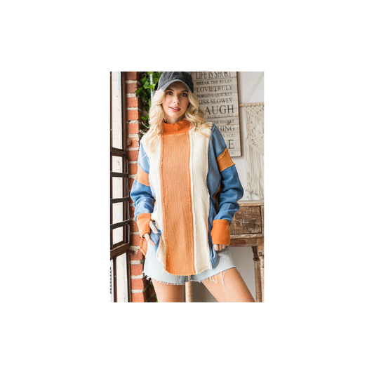 Oli & Hali WASHED COLORBLOCK FUNNEL NECK PULLOVER TOP