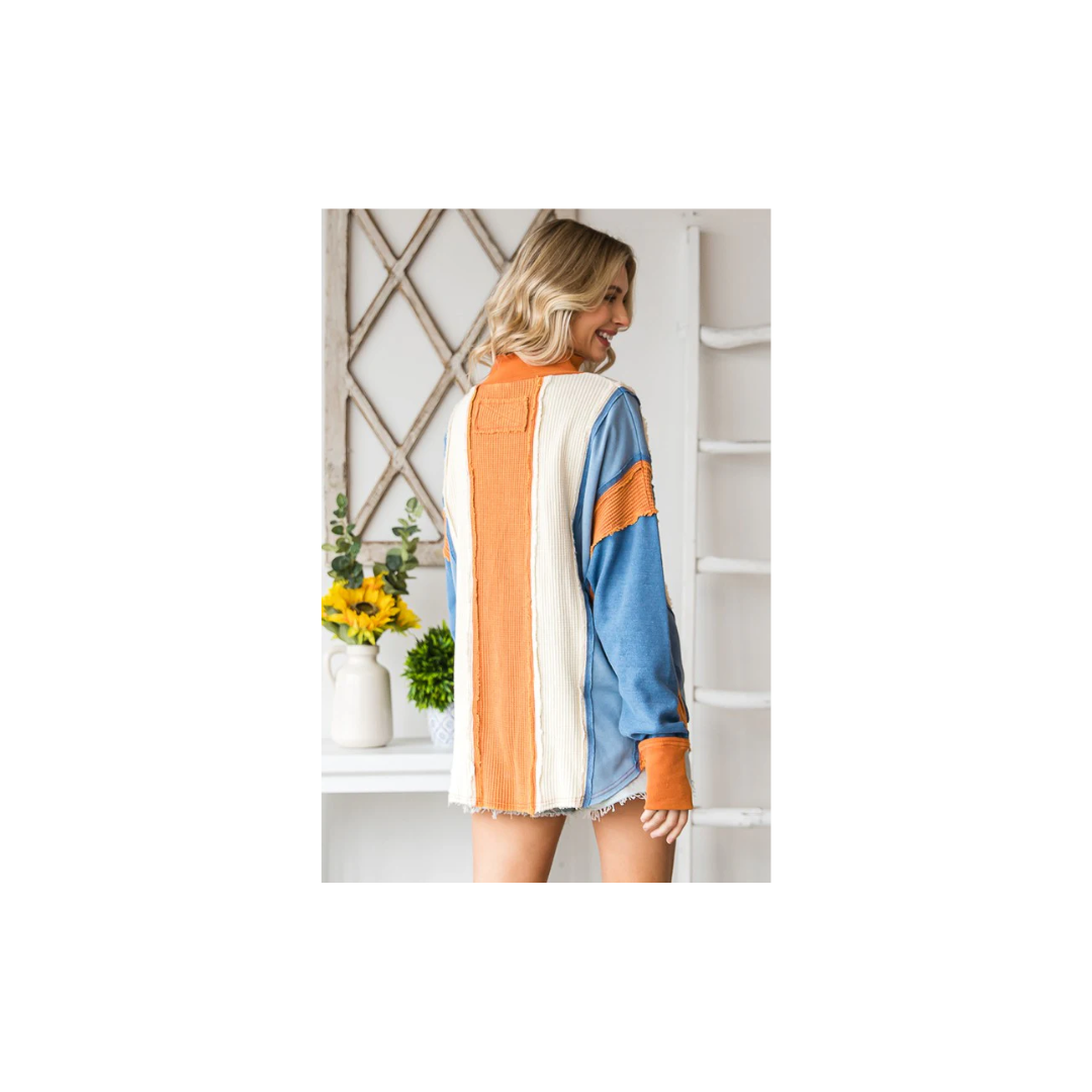 Oli & Hali WASHED COLORBLOCK FUNNEL NECK PULLOVER TOP