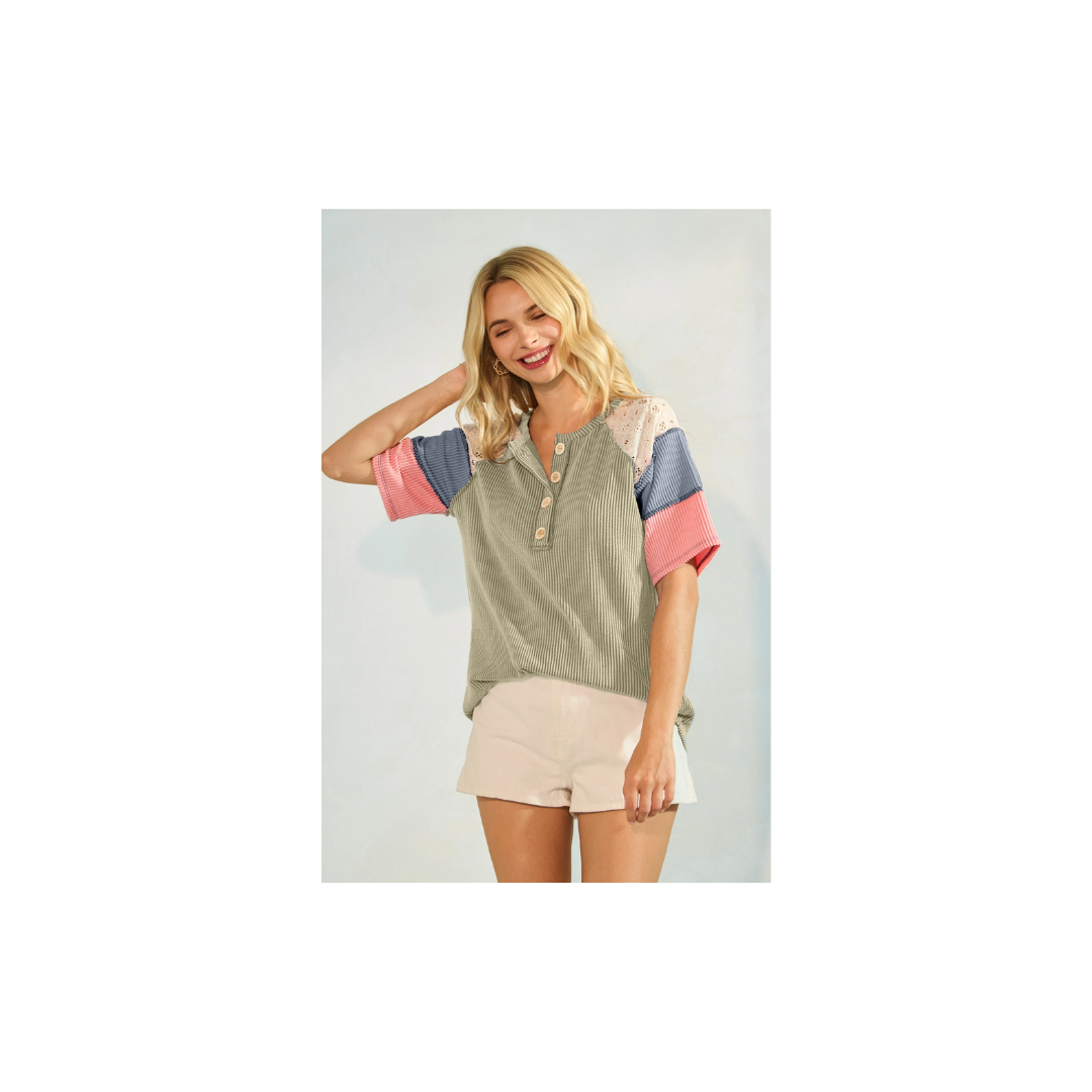 Rib Patchwork Button Front Raglan Short Sleeve Top