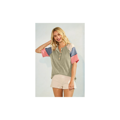 Rib Patchwork Button Front Raglan Short Sleeve Top