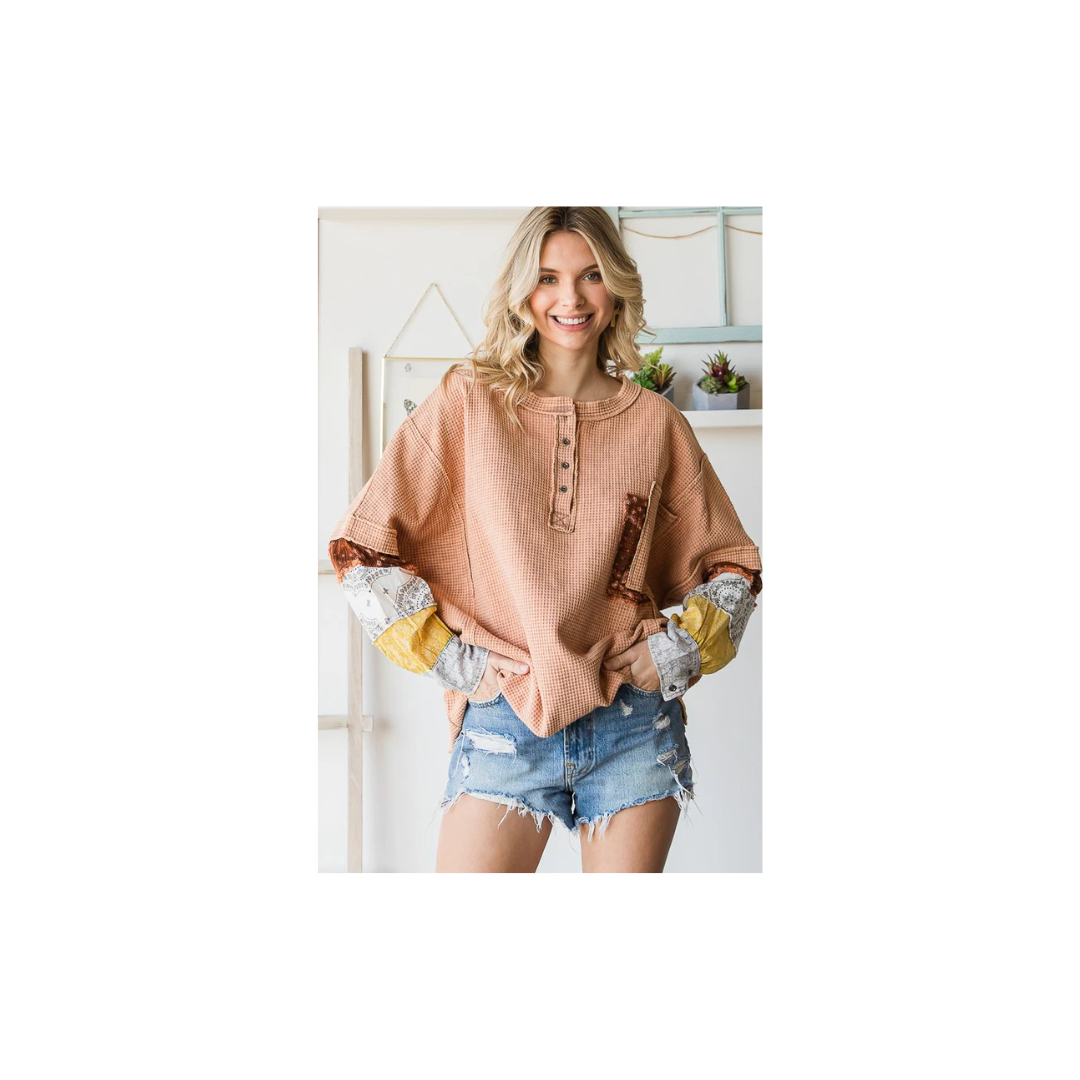 Oli & Hali WASHED HENLEY NECK PRINTED SLEEVES THERMAL TOP