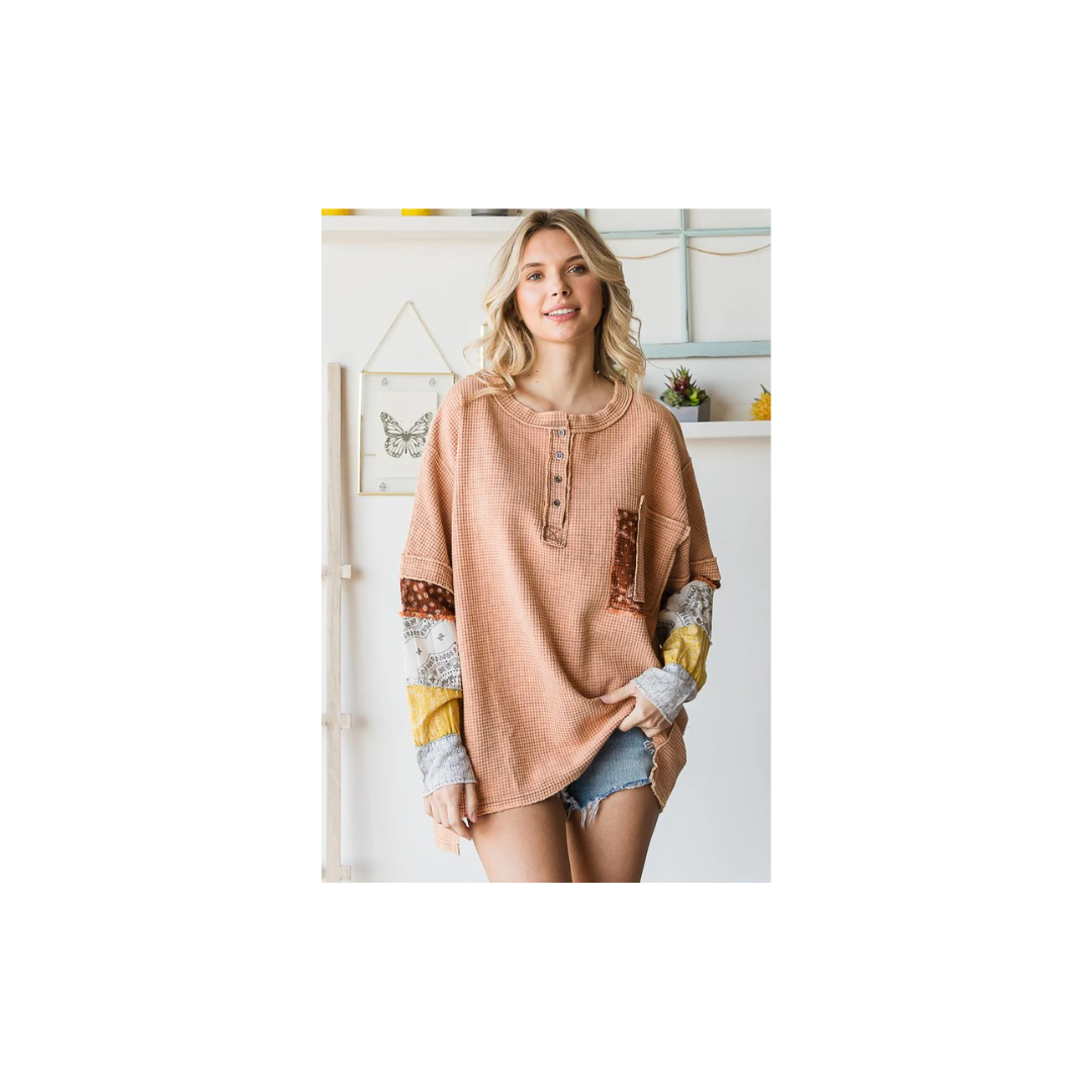 Oli & Hali WASHED HENLEY NECK PRINTED SLEEVES THERMAL TOP