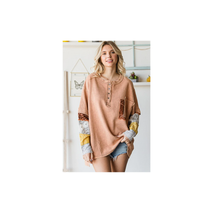 Oli & Hali WASHED HENLEY NECK PRINTED SLEEVES THERMAL TOP