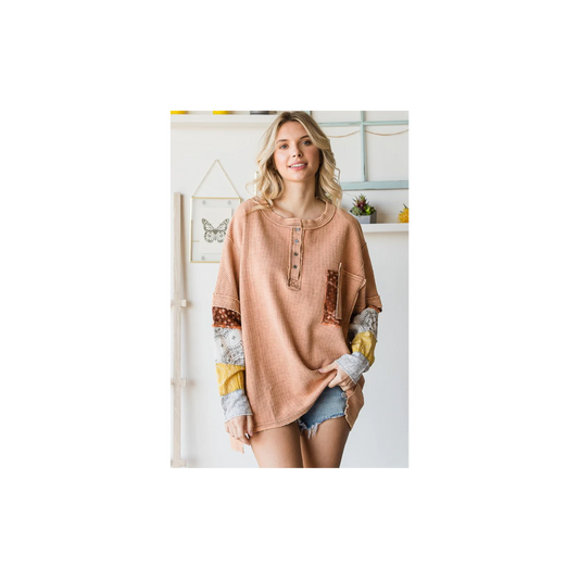 Oli & Hali WASHED HENLEY NECK PRINTED SLEEVES THERMAL TOP