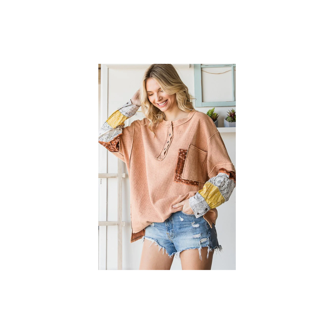 Oli & Hali WASHED HENLEY NECK PRINTED SLEEVES THERMAL TOP