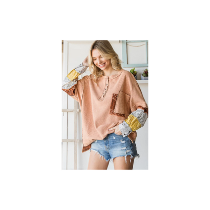 Oli & Hali WASHED HENLEY NECK PRINTED SLEEVES THERMAL TOP