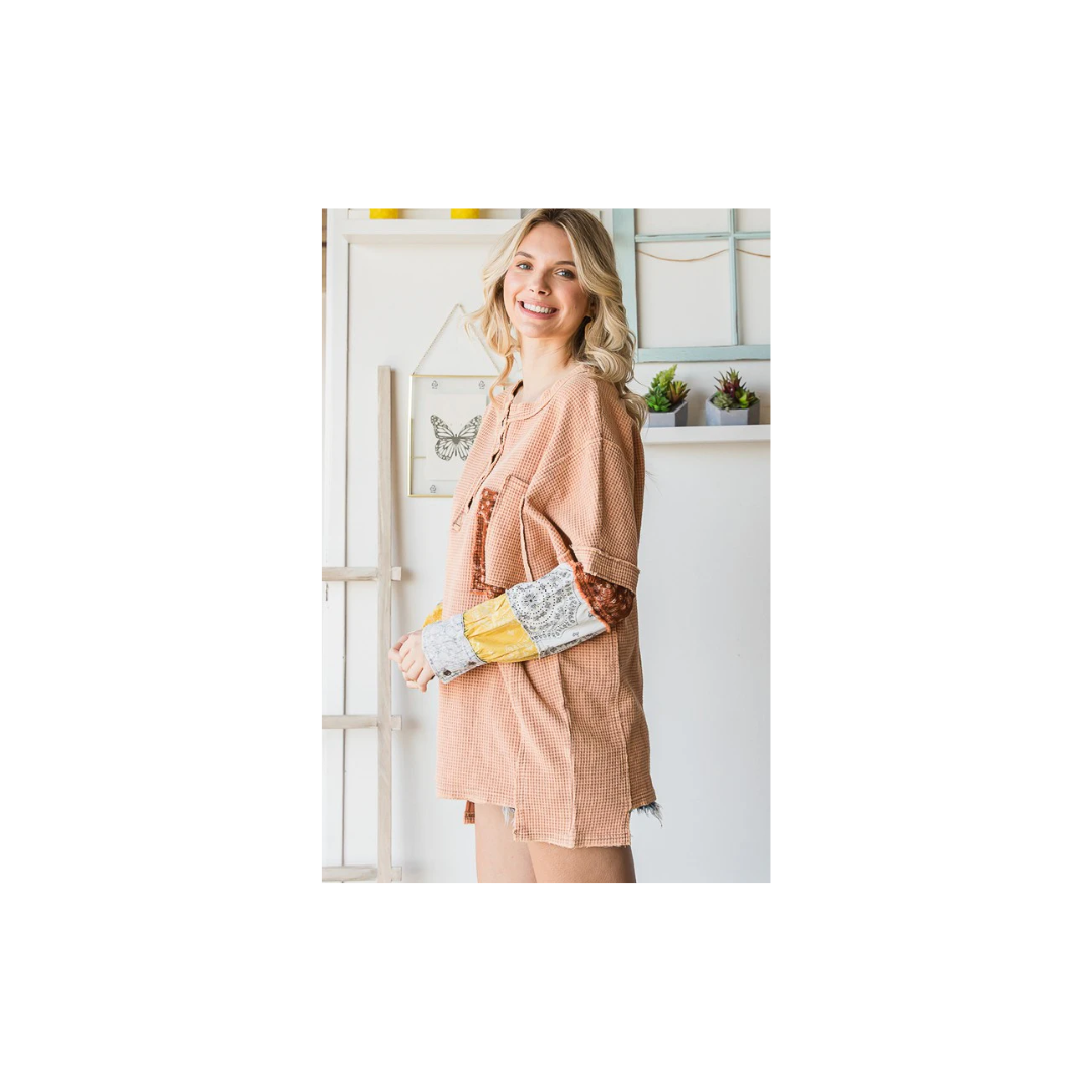 Oli & Hali WASHED HENLEY NECK PRINTED SLEEVES THERMAL TOP