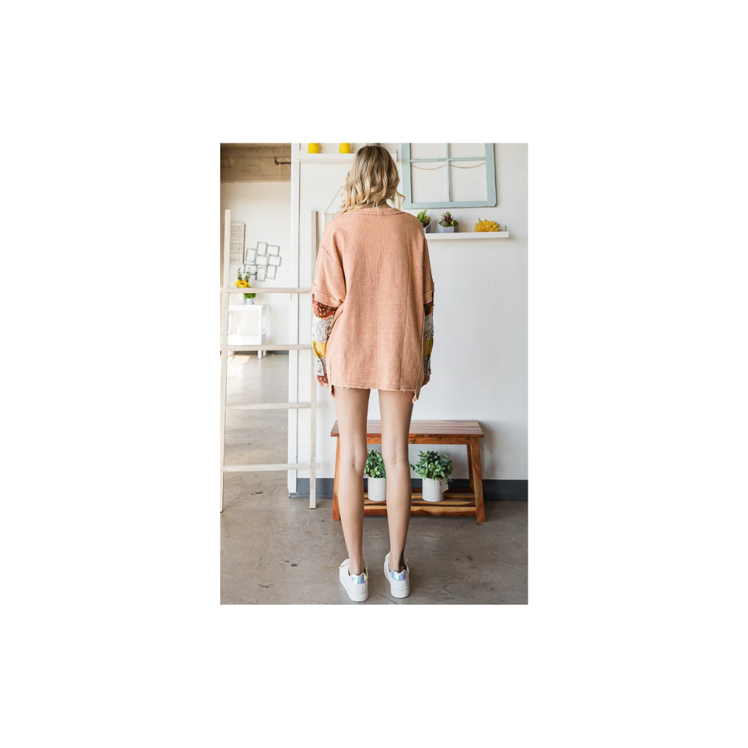 Oli & Hali WASHED HENLEY NECK PRINTED SLEEVES THERMAL TOP