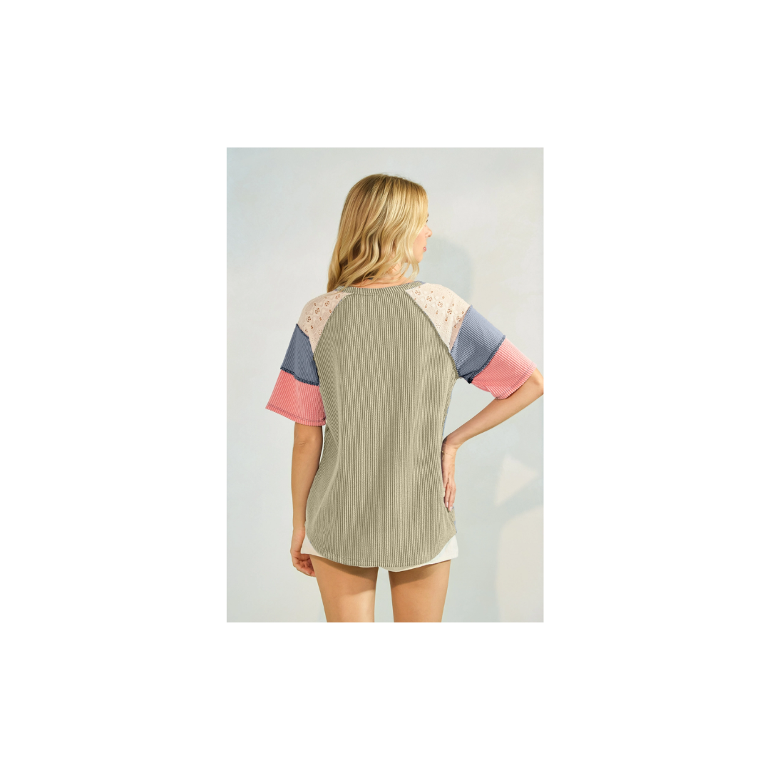 Rib Patchwork Button Front Raglan Short Sleeve Top