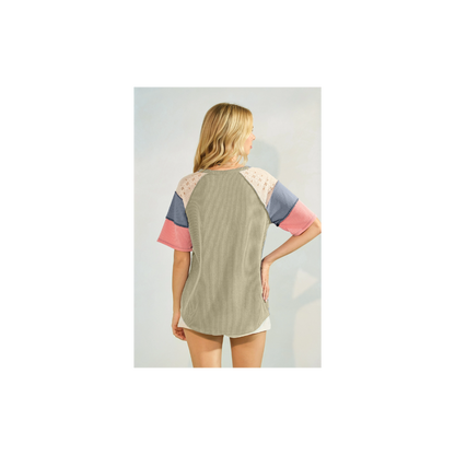 Rib Patchwork Button Front Raglan Short Sleeve Top