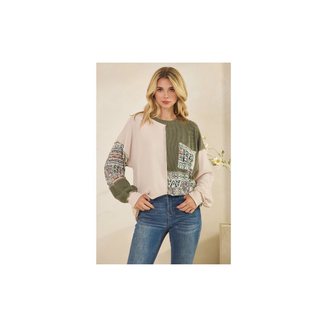 Patchwork Knit Long Sleeve Pullover Top