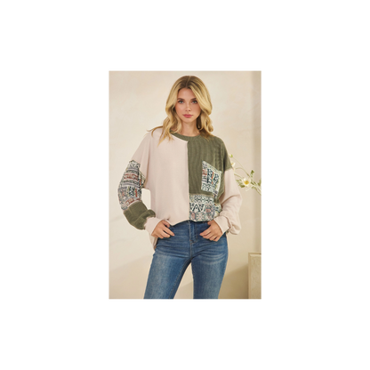 Patchwork Knit Long Sleeve Pullover Top